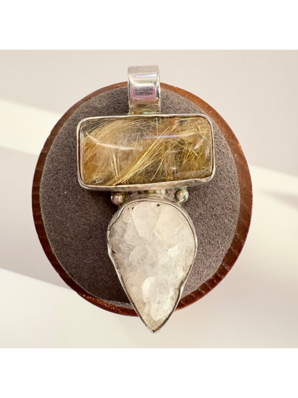 Rutilated Quartz & Sterling Silver 925 Bezel Set Pendant Size 1.75" Length